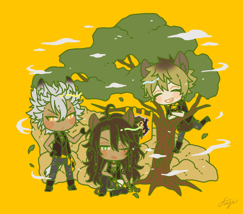 3boys, animal_ears, ashnnk, black_vest, blonde_hair, brown_hair, chibi, commentary_request