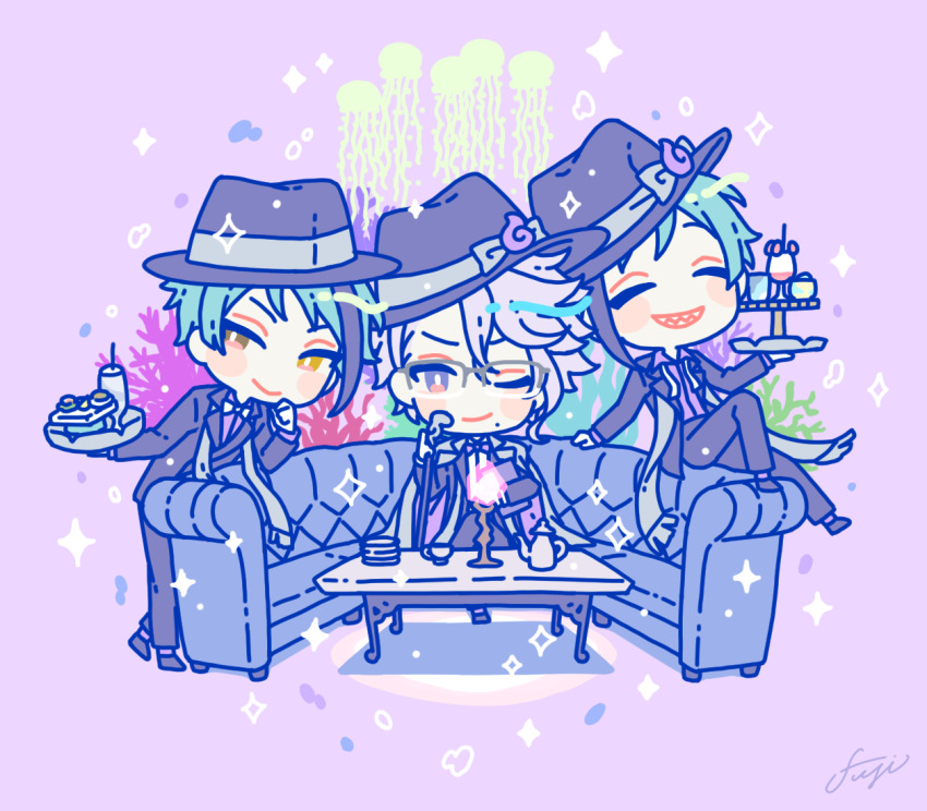 3boys, ashnnk, azul_ashengrotto, black_suit, blue_hair, brown_eyes, chibi, commentary_request