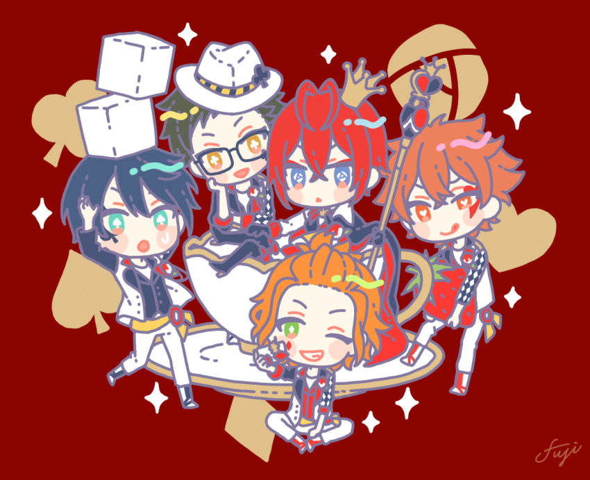 5boys, ace_trappola, ashnnk, blue_eyes, blue_hair, cape, cater_diamond, chibi