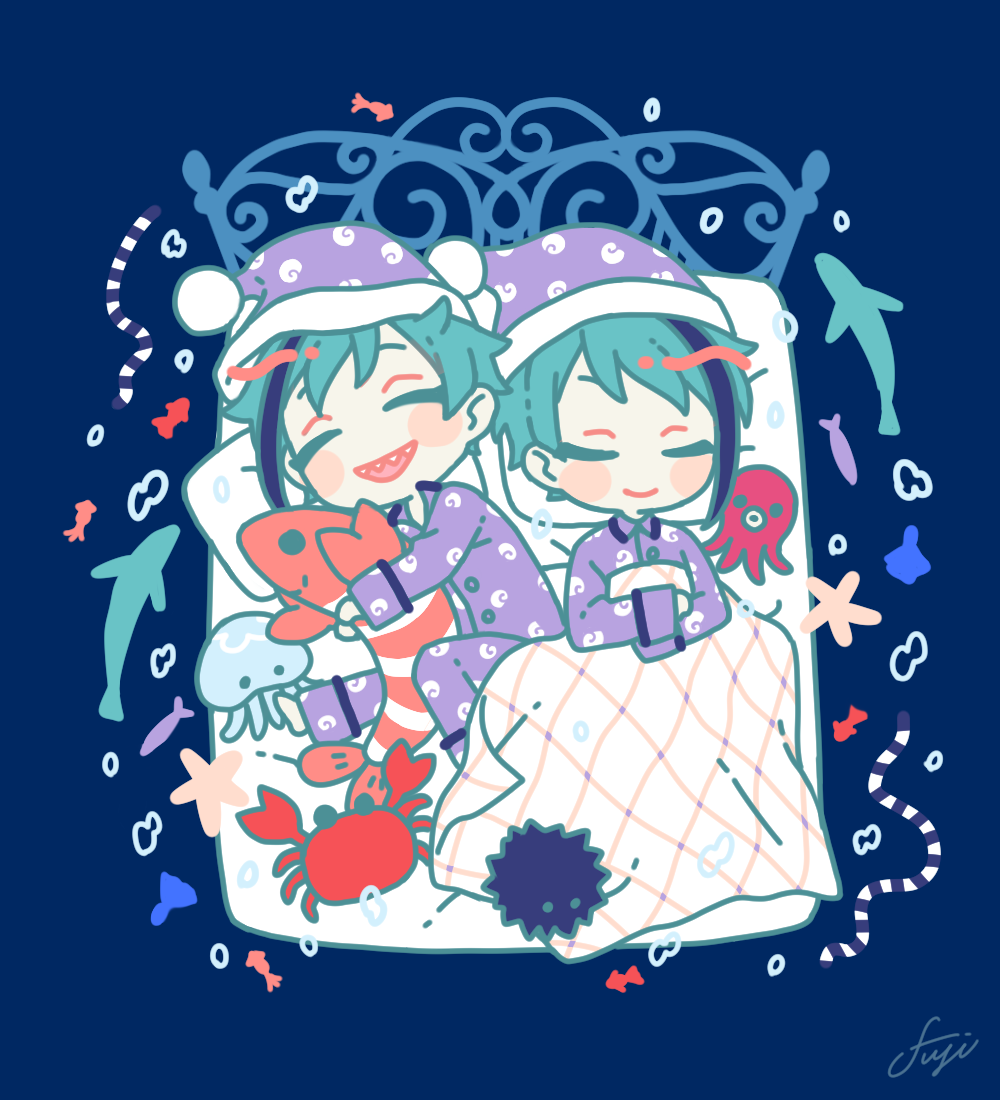 2boys, ashnnk, blue_background, blue_hair, brothers, chibi, closed_eyes, commentary_request, fish, floyd_leech, from_above, full_body, hat, holding, holding_stuffed_toy, jade_leech, male_focus, multiple_boys, pajamas, purple_pajamas, sharp_teeth, short_hair, siblings, sleeping, stuffed_animal, stuffed_crab, stuffed_jellyfish, stuffed_octopus, stuffed_shrimp, stuffed_toy, teeth, twins, twisted_wonderland, under_covers