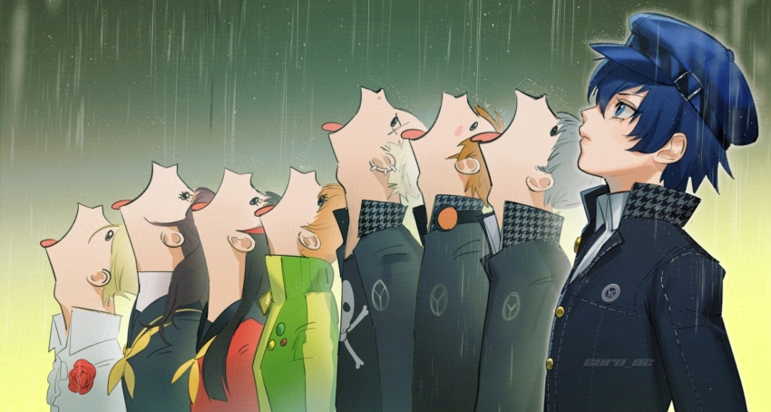 4boys, 4girls, amagi_yukiko, artist_name, black_hair, blonde_hair, blue_eyes, blue_hair, brown_hair, curo_(curo_02), eyelashes, facing_up, flower, goku_and_vegeta_in_the_rain_(meme), green_jacket, green_sky, grey_hair, hair_between_eyes, hanamura_yousuke, headphones, highres, jacket, kujikawa_rise, kuma_(human)_(persona_4), kuma_(persona_4), long_hair, looking_up, meme, multiple_boys, multiple_girls, narukami_yu, neckerchief, open_mouth, orange_hair, persona, persona_4, rain, satonaka_chie, school_uniform, shirogane_naoto, short_hair, skull_print, sky, tatsumi_kanji, tongue, tongue_out, yellow_neckerchief