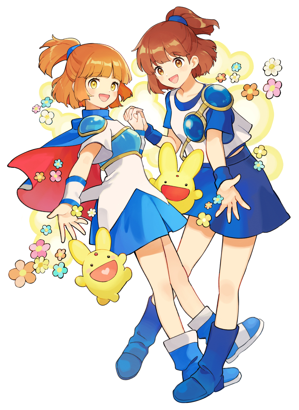 2girls, arle_nadja, armor, blue_cape, blue_footwear, blue_skirt, blush, boots