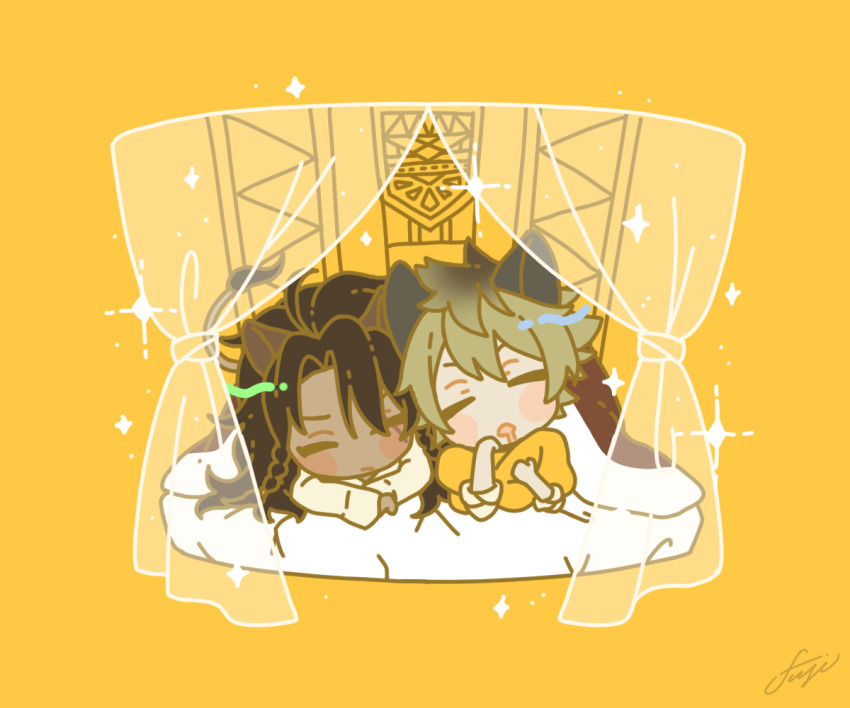 2boys, animal_ears, ashnnk, blonde_hair, brown_hair, chibi, closed_eyes, curtains