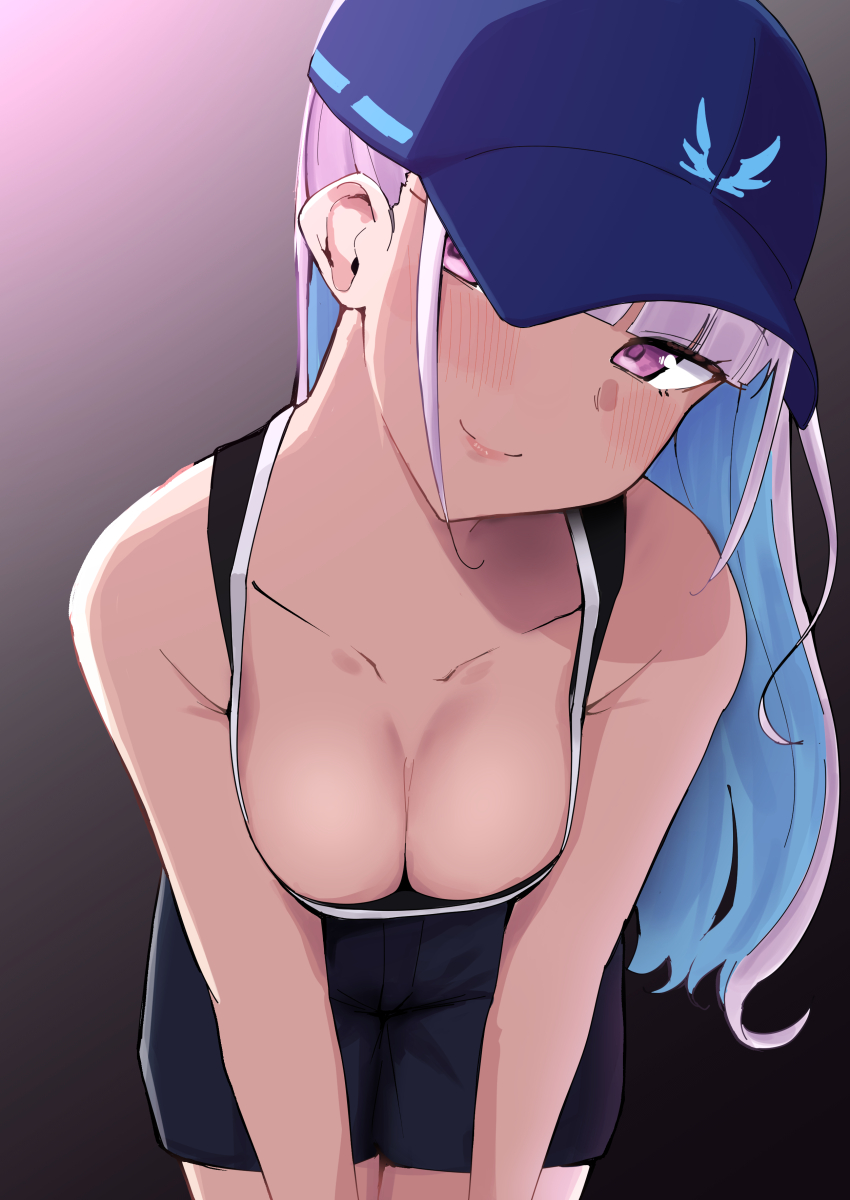 1girl, absurdres, bare_shoulders, baseball_cap, bent_over, black_shorts, black_tank_top, blue_hair
