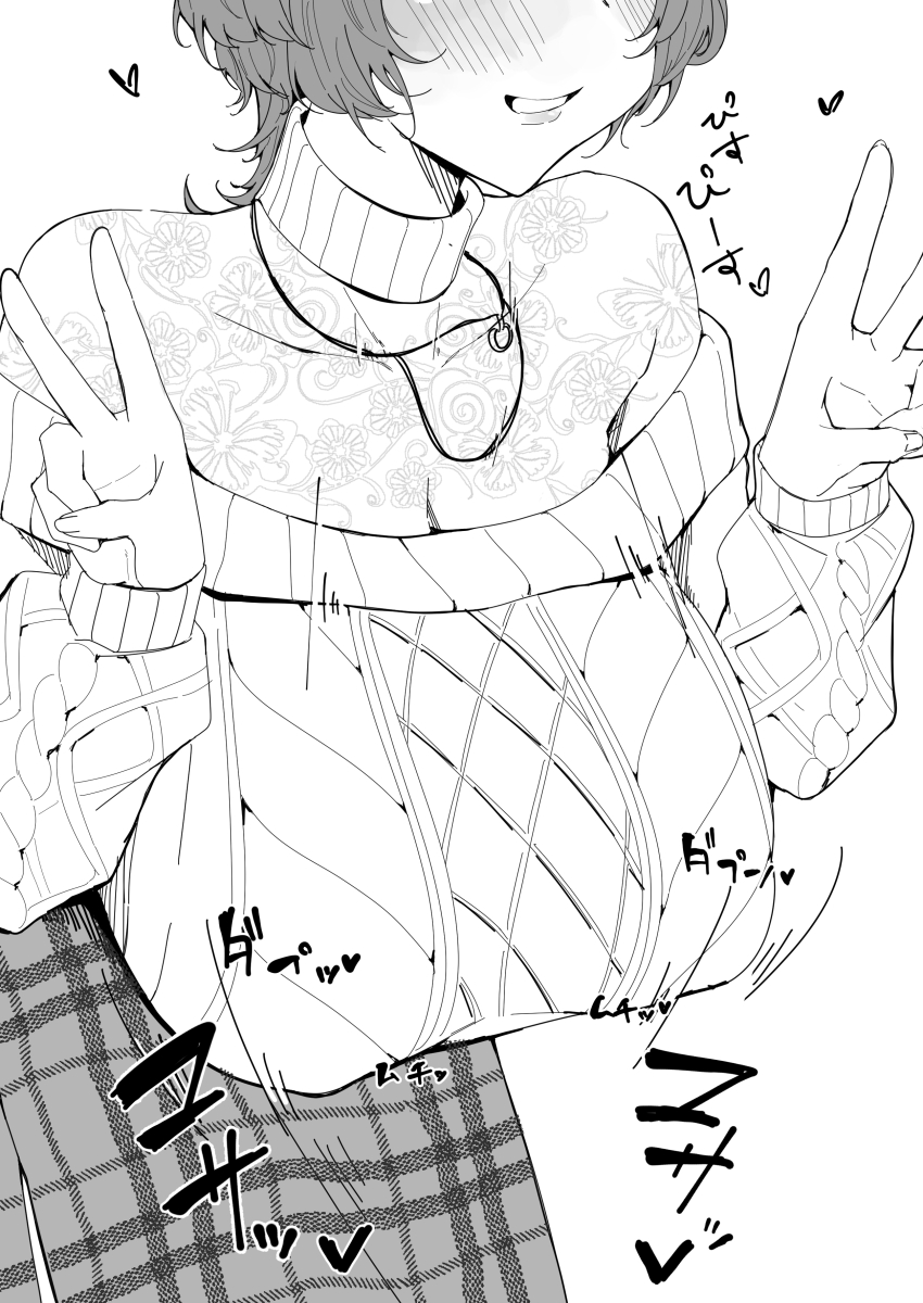 1girl, absurdres, aran_sweater, bare_shoulders, blush, bouncing_breasts, breasts, cable_knit, double_v, furen_e_lustario, furen_e_lustario_(4th_costume), greyscale, grin, head_out_of_frame, heart, highres, huge_breasts, jewelry, kinji_enu, long_sleeves, medium_hair, monochrome, necklace, nijisanji, off-shoulder_sweater, off_shoulder, plaid_clothes, plaid_skirt, sagging_breasts, see-through_clothes, skirt, smile, solo, sweater, turtleneck, turtleneck_sweater, v, virtual_youtuber