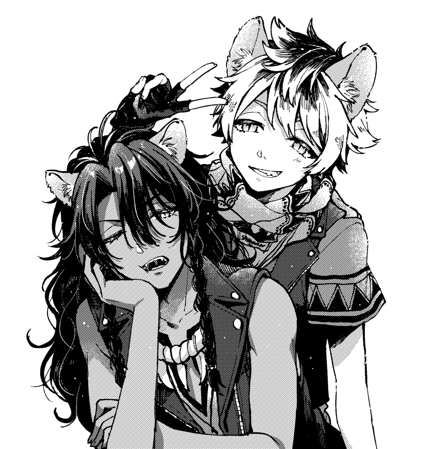 2boys, animal_ears, ashnnk, bandana, commentary_request, fangs, greyscale, grin, highres, hyena_boy, hyena_ears, leona_kingscholar, lion_boy, lion_ears, long_hair, looking_at_viewer, male_focus, monochrome, multiple_boys, one_eye_closed, ruggie_bucchi, short_hair, short_sleeves, simple_background, slit_pupils, smile, twisted_wonderland, upper_body, v, vest, white_background