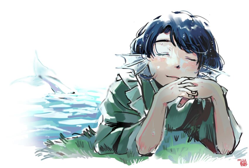 1girl, blue_hair, closed_eyes, closed_mouth, commentary, dated, elbows_on_ground, fins