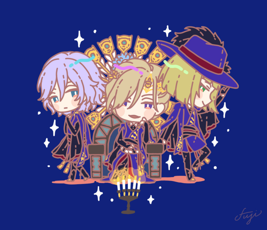 3boys, ashnnk, blonde_hair, blue_background, blue_eyes, candle, candlestand, chibi