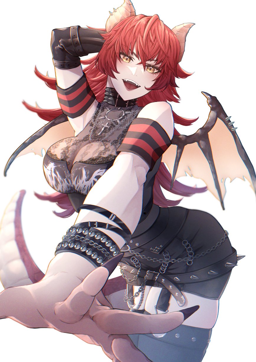 1girl, arm_behind_head, belt, black_belt, black_collar, black_nails, black_shirt, black_shorts