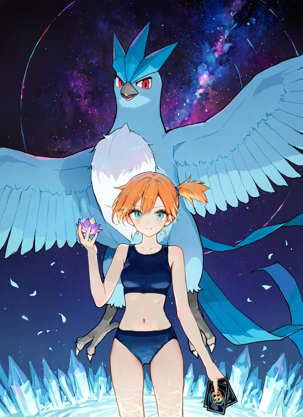 1girl, articuno, asymmetrical_hair, bikini, blue_bikini, blue_eyes, blush, breasts