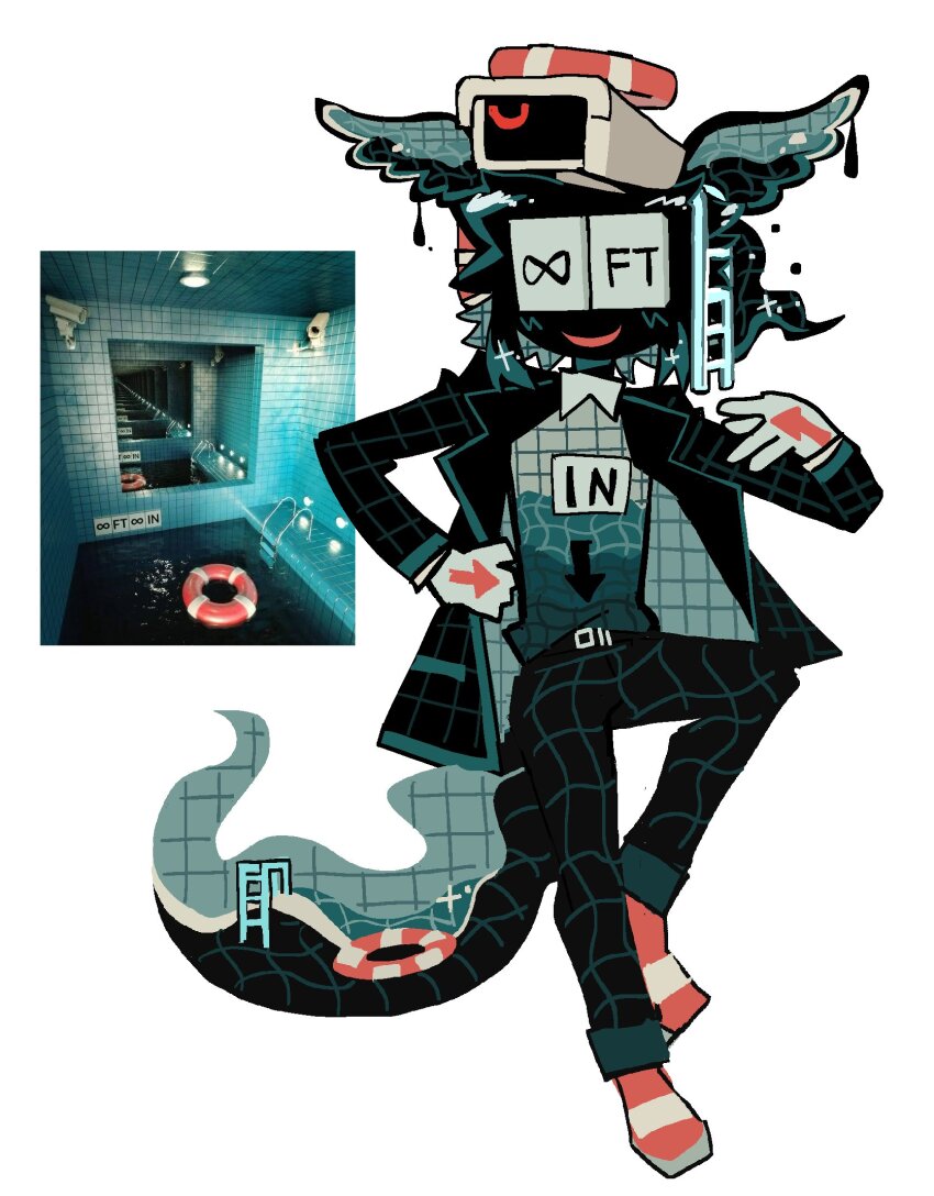 1other, backrooms_(creepypasta), black_jacket, black_wings, camera, dream_pool, full_body, head_wings, highres, jacket, kalawakan, ladder, lapels, lifebuoy, liminal_space, notched_lapels, original, parted_lips, poolroom, sandals, smile, solo, swim_ring, tail, wings