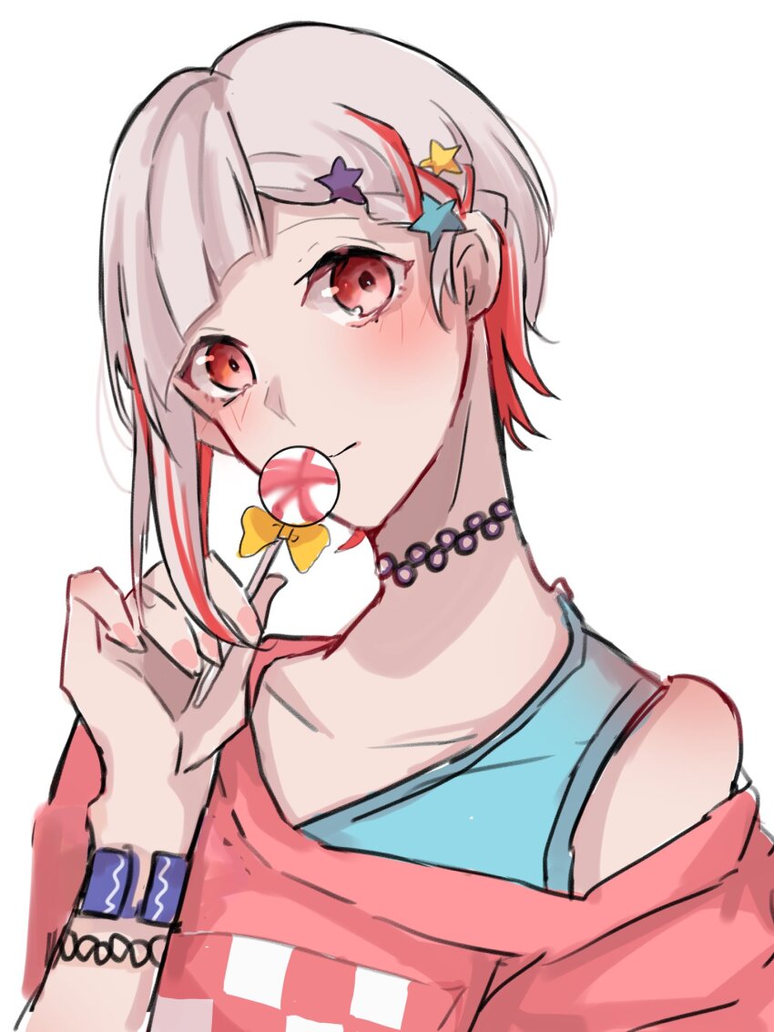 1girl, black_choker, blue_tank_top, blush, braid, braided_bangs, candy, choker