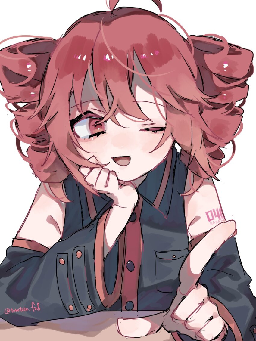 1girl, ahoge, collared_shirt, commentary_request, detached_sleeves, drill_hair, elbow_rest, hand_on_own_cheek