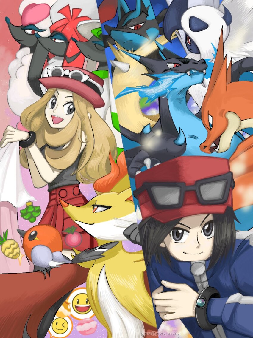 1boy, 1girl, absol, babiri_berry, berry_(pokemon), black_eyes, blue_fire, bracelet