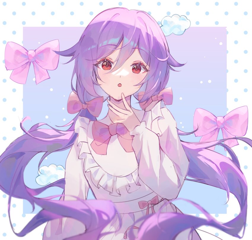 1girl, :o, absurdres, blue_background, bow, commentary, commission, cowboy_shot