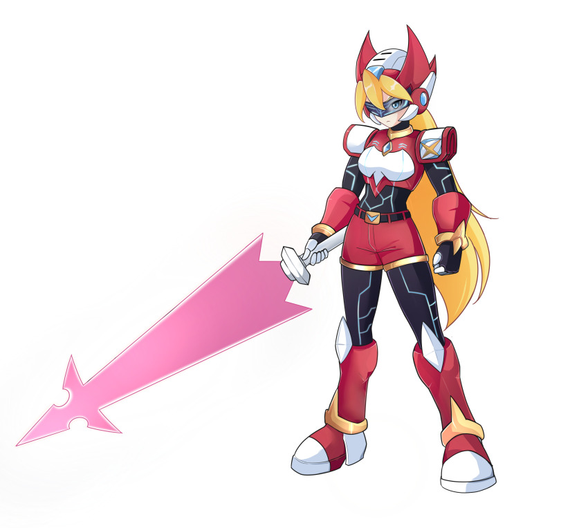 absurdres, alternate_costume, alternate_hairstyle, armor, armored_boots, energy_sword, belt, blonde_hair, blue_eyes, bodystocking, boots, breasts, chest_jewel, ciel_(mega_man), commission, commissioner_upload, fake_horns, forehead_jewel, gauntlets, gloves, helmet, highres, holding, holding_weapon, horned_helmet, horns, knee_boots, knee_pads, long_hair, looking_at_viewer, mechanical_ears, mega_man_(series), mega_man_x_(series), mega_man_zero_(series), mega_man_zx, model_o_(mega_man), non-web_source, shorts, shoulder_armor, small_breasts, sword, transparent_background, uta_guipiy, weapon