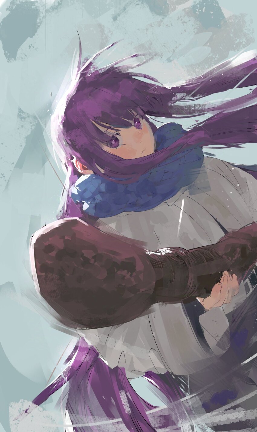 1girl, blue_scarf, blush, commentary, dutch_angle, fern_(sousou_no_frieren), foreshortening, highres