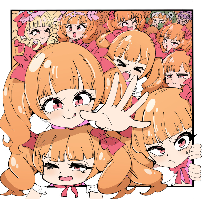 >_<, 2girls, absurdres, aisaki_emiru, blonde_hair, blush, bow, bowtie