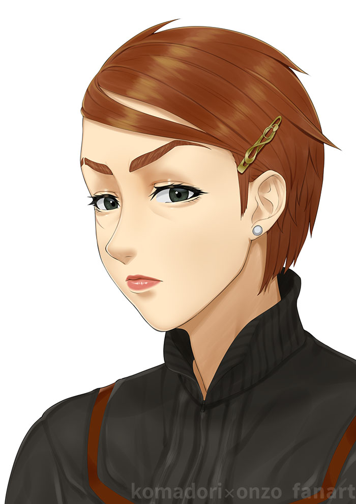 1girl, artist_name, brown_hair, earrings, green_eyes, gundam, gundam_requiem_for_vengeance, iria_solari