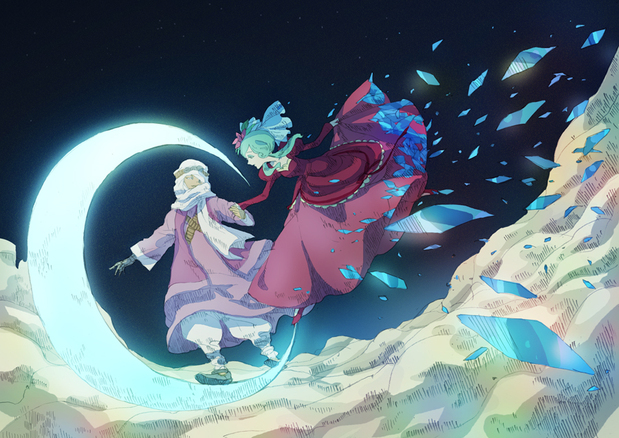 1boy, 1girl, above_clouds, arabian_clothes, bemani, cloud, couple, crescent_moon, crystal, dark_skin, dress, flower, flying, green_hair, hair_flower, hair_ornament, hetero, holding_hands, holding_own_dress, minna_no_uta_(nhk), moon, nanboku, night, one_eye_covered, pop'n_music, sky, tsuki_no_waltz, turban
