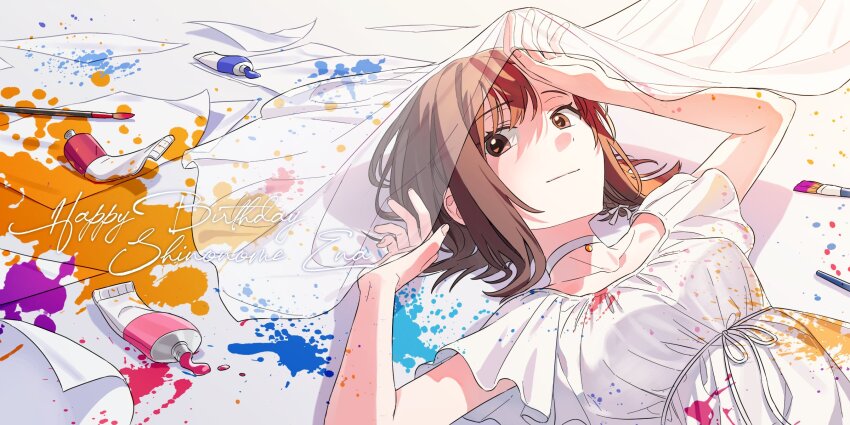 1girl, arm_at_side, art_brush, bare_arms, bow, braid, breasts, brown_eyes