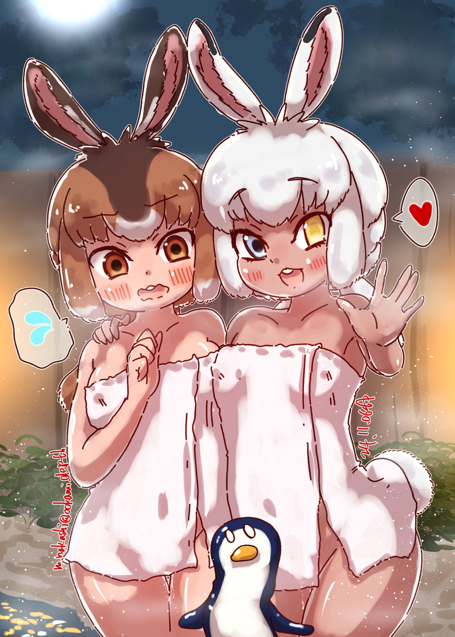 2girls, alternate_costume, animal_ears, bare_legs, bare_shoulders, bird, blue_eyes, blush