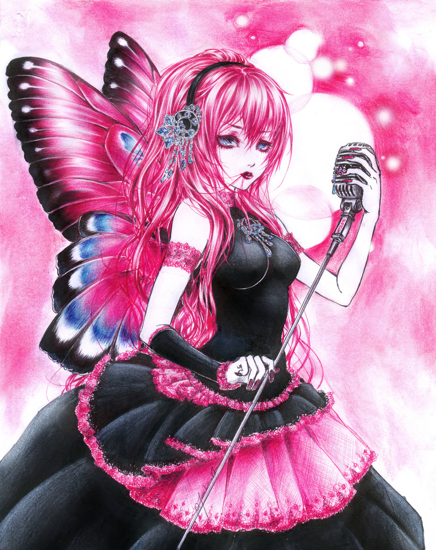 1girl, arm_warmers, bare_shoulders, bell_line_gown, black_dress, blue_eyes, butterfly_wings, colored_eyelashes
