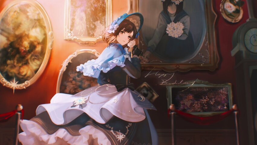 1girl, analog_clock, arm_at_side, art_gallery, backlighting, bent_over, black_bow, black_dress