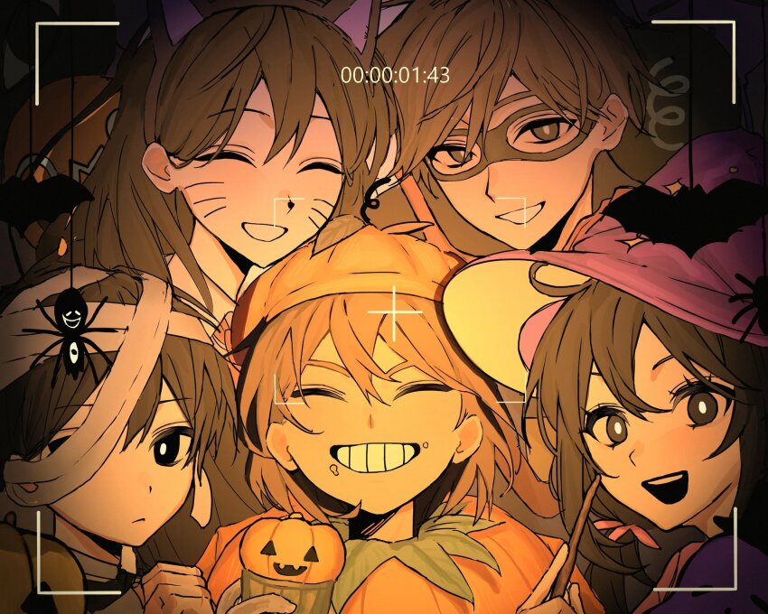 1girl, 4boys, aged_down, animal_ears, aubrey_(faraway)_(omori), aubrey_(omori), black_hair, black_shirt, bright_pupils, brown_hair, cat_ears, closed_mouth, collared_shirt, dark-skinned_male, dark_skin, domino_mask, expressionless, eye_mask, fake_animal_ears, grin, hero_(faraway)_(omori), hero_(omori), highres, kel_(faraway)_(omori), kel_(omori), long_hair, looking_at_viewer, mari_(faraway)_(omori), mari_(omori), mask, multiple_boys, mummy_costume, omori, open_mouth, parted_lips, shirt, short_hair, smile, something_in_the_walls_(omori), sunny_(omori), t-shirt, teeth, toku_0114, white_pupils, white_shirt