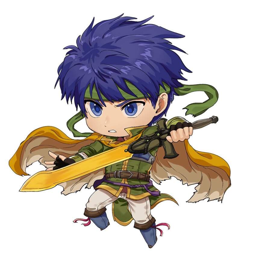 1boy, blue_eyes, blue_hair, cape, chibi, commentary_request, fingerless_gloves, fire_emblem
