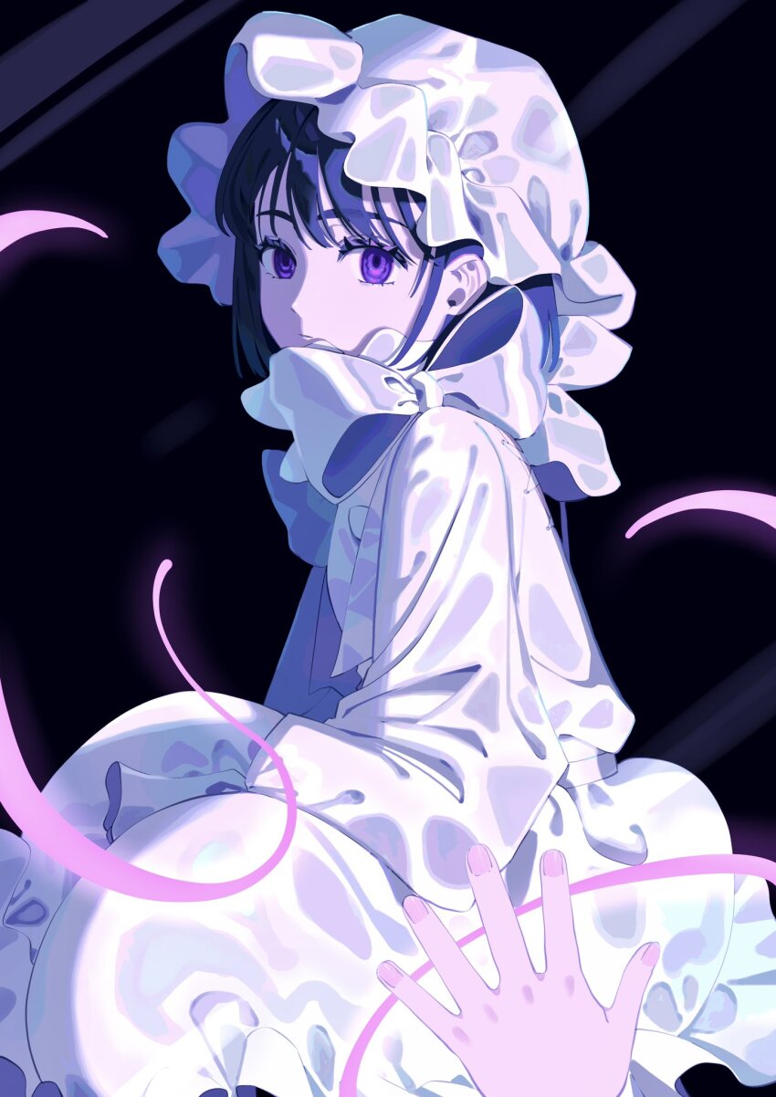 1girl, alien_stage, black_hair, bonnet, closed_mouth, dress, expressionless, frilled_bonnet