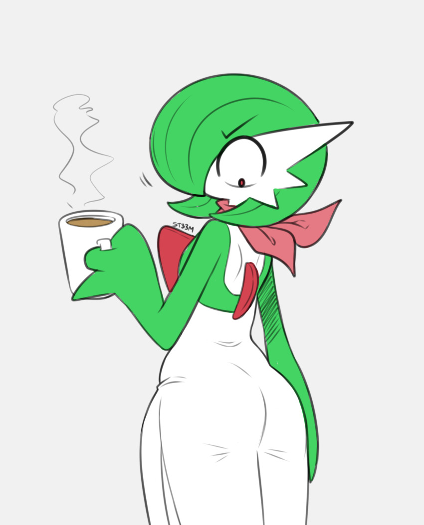 ass, bob_cut, colored_skin, cup, dress, gardevoir, gen_3_pokemon, green_hair