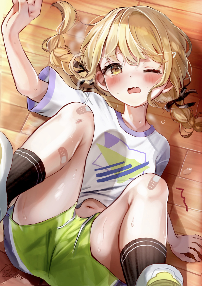 1girl, bandaid, bandaid_on_knee, bandaid_on_leg, black_bow, black_socks, blonde_hair, blush, bow, braid, breasts, commentary_request, dot_nose, fallen_down, feet_out_of_frame, feet_up, fujita_kotone, gakuen_idolmaster, green_shorts, gym_uniform, hair_bow, hand_up, highres, idolmaster, legs_apart, loli, long_hair, looking_at_viewer, lying, midriff_peek, navel, official_alternate_costume, on_back, one_eye_closed, open_mouth, rachip, shirt, short_sleeves, shorts, small_breasts, socks, solo, sweat, swept_bangs, tearing_up, twin_braids, very_sweaty, wavy_mouth, white_shirt, yellow_eyes