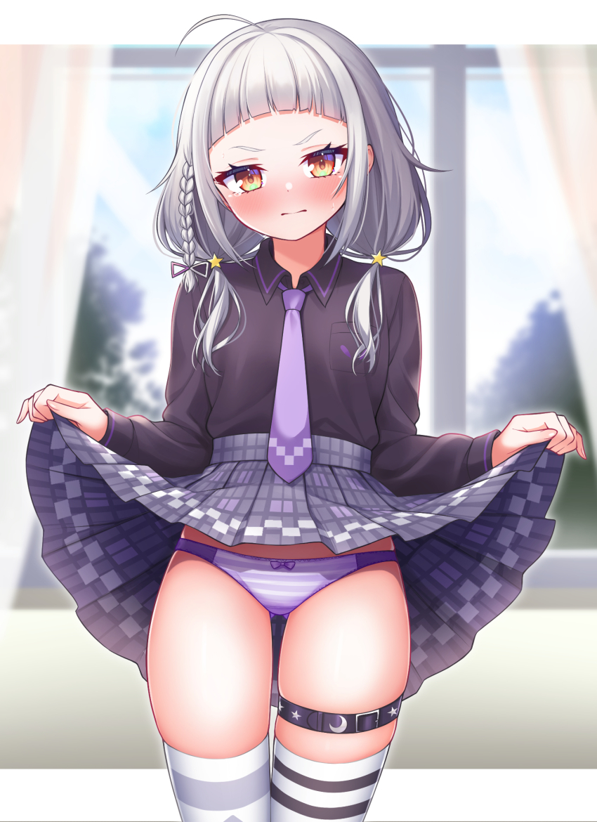 1girl, ahoge, black_thighhighs, blush, breasts, clothes_lift, collared_shirt, grey_hair, hair_ornament, highres, hololive, hoshino_reiji, lifting_own_clothes, looking_at_viewer, low_twintails, medium_hair, murasaki_shion, murasaki_shion_(school_uniform), official_alternate_costume, panties, purple_panties, purple_shirt, purple_skirt, shirt, skirt, skirt_lift, small_breasts, solo, star_(symbol), star_hair_ornament, striped_clothes, striped_thighhighs, thigh_strap, thighhighs, twintails, underwear, virtual_youtuber, white_thighhighs, yellow_eyes