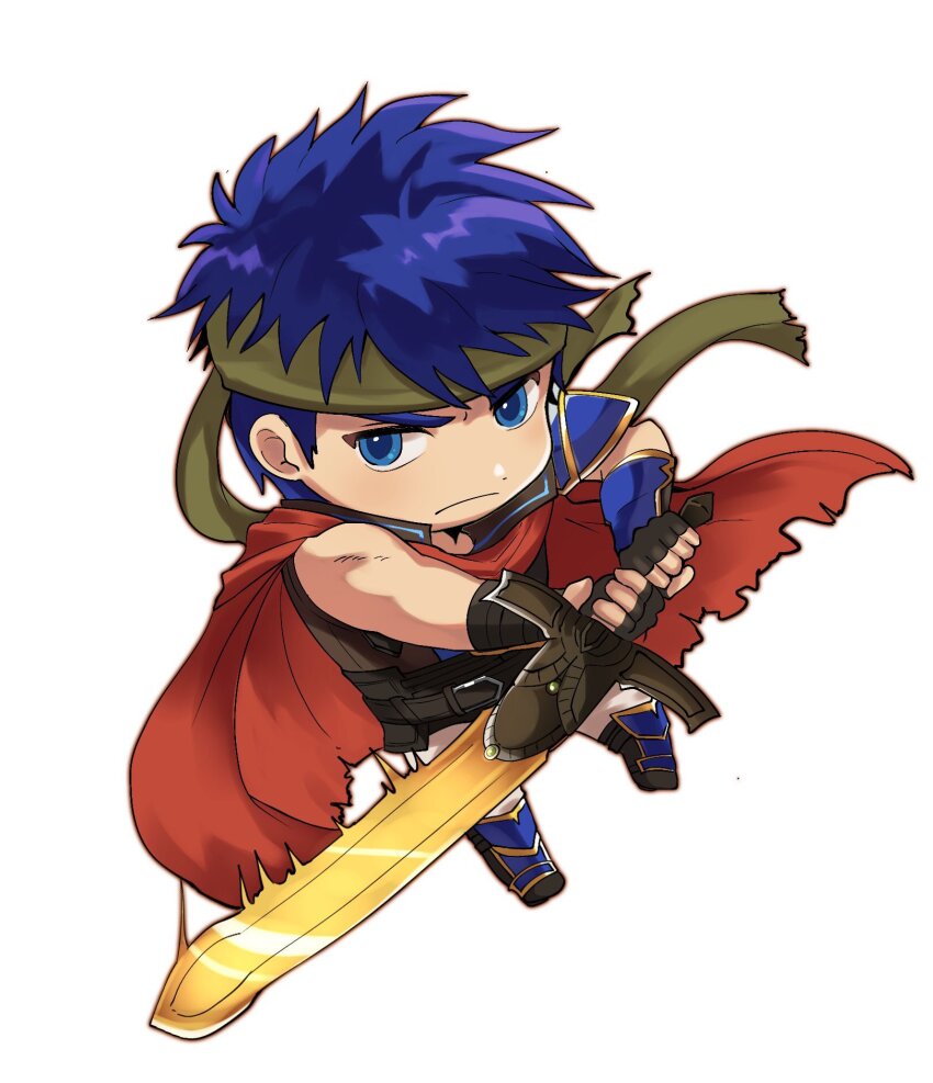 1boy, blue_eyes, blue_hair, cape, chibi, commentary_request, fingerless_gloves, fire_emblem