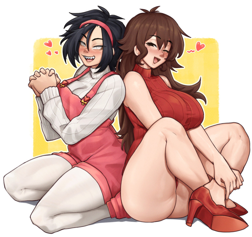 2girls, bare_shoulders, black_hair, boots, brown_eyes, brown_hair, commentary, dress