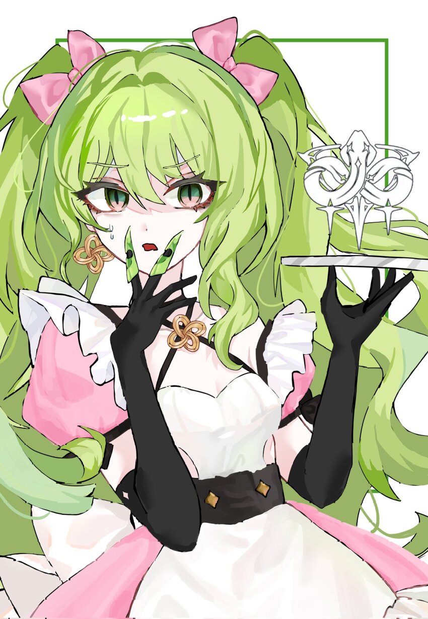 1girl, apron, black_gloves, bow, claw_ring, commentary, corrupted_twitter_file, cowboy_shot, dress, earrings, elbow_gloves, frilled_apron, frills, gloves, green_eyes, green_hair, hair_bow, hand_on_own_face, highres, honkai_(series), honkai_impact_3rd, jewelry, kie0x, korean_commentary, long_hair, mobius_(honkai_impact), mobius_(mobius_dressing)_(honkai_impact), multicolored_eyes, multiple_hair_bows, open_mouth, pink_bow, pink_dress, pink_eyes, sidelocks, signet_of_infinity, slit_pupils, sweatdrop, twintails, two-tone_eyes, very_long_hair, wavy_hair, white_apron, white_background