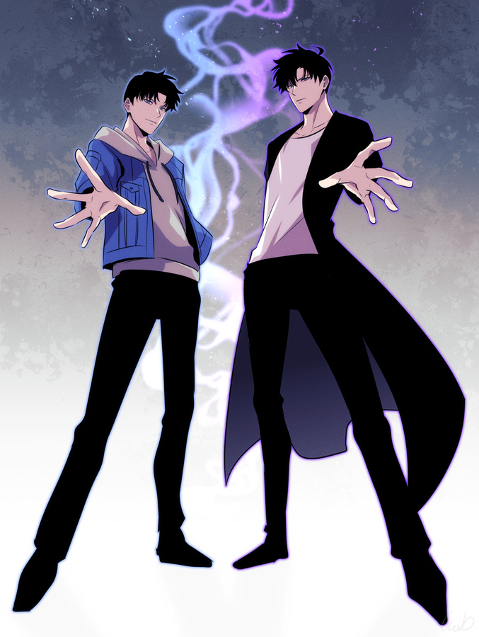 2boys, black_coat, black_footwear, black_hair, black_pants, blue_eyes, blue_jacket, closed_mouth
