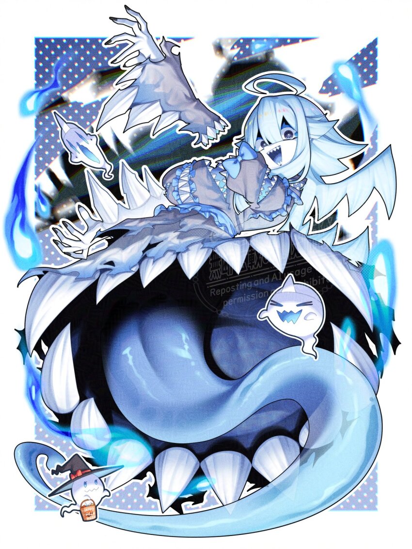 1girl, ahoge, blue_bow, blue_hair, bow, colored_skin, disembodied_hand, ghost