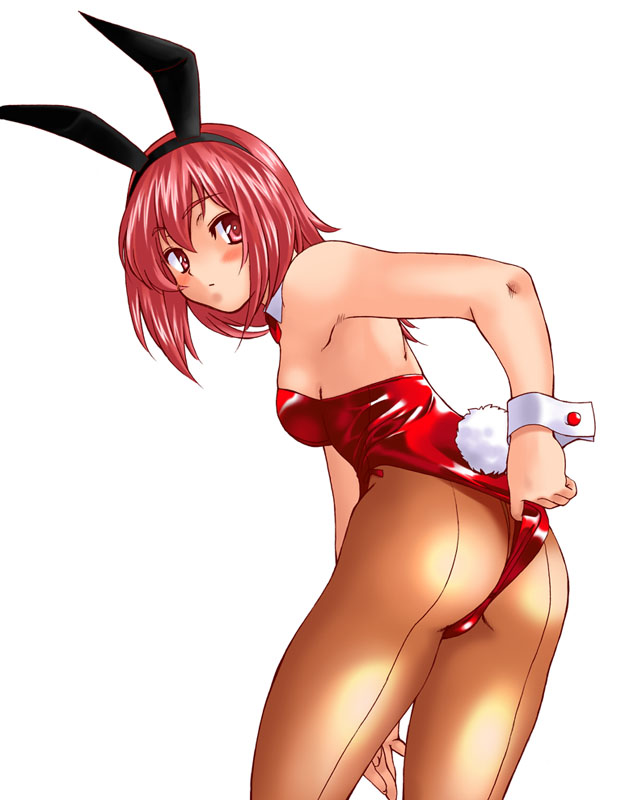 1girl, adjusting_clothes, adjusting_leotard, animal_ears, ass, breasts, fake_animal_ears, female_focus