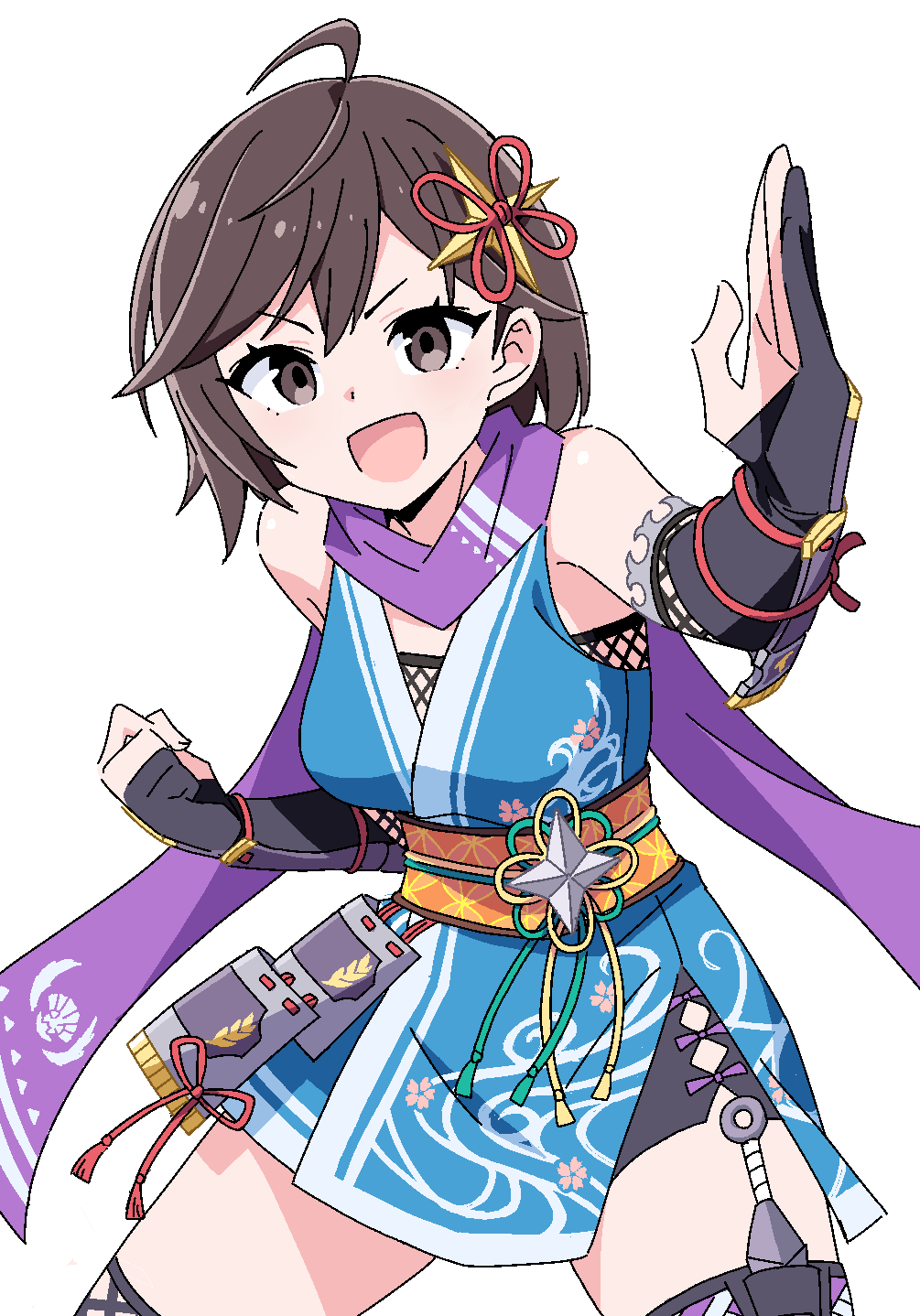 1girl, :d, ahoge, anbe_masahiro, armor, azami_(saga), brown_eyes, brown_hair