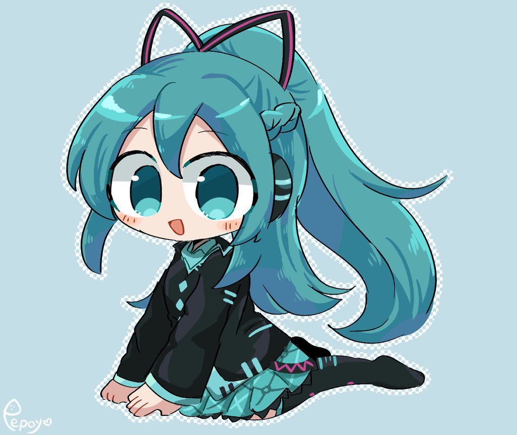 1girl, aqua_background, aqua_eyes, aqua_hair, aqua_shirt, aqua_skirt, aqua_trim, black_footwear, black_jacket, black_ribbon, chibi, hair_ribbon, hatsune_miku, hatsune_miku_(if), jacket, kneeling, open_mouth, pepoyo, polka_dot_outline, ponytail, ribbon, shirt, simple_background, skirt, vocaloid