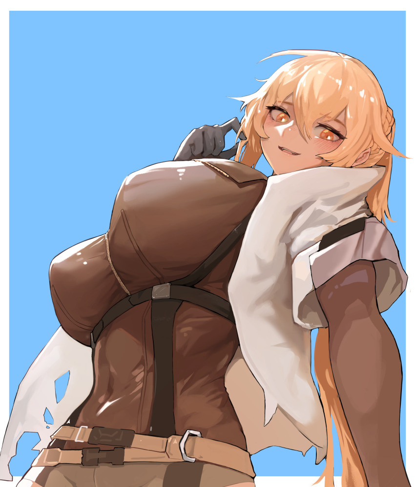 1girl, absurdres, blonde_hair, blue_background, blush, breasts, commentary, english_commentary