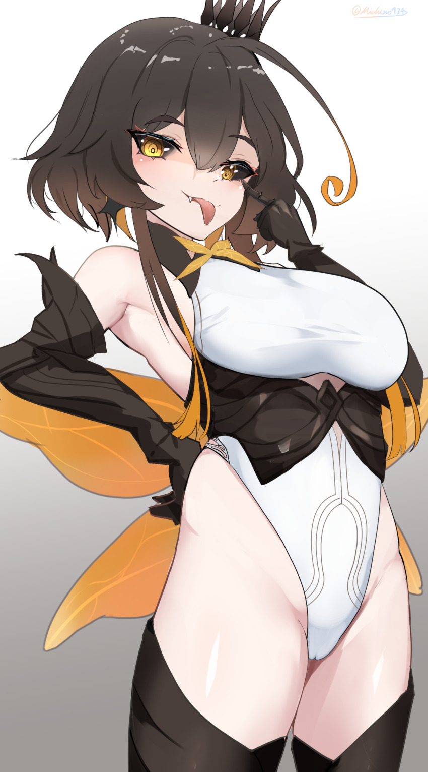 1girl, ahoge, armpits, arthropod_girl, bare_shoulders, bee_girl, bee_wings, black_hair