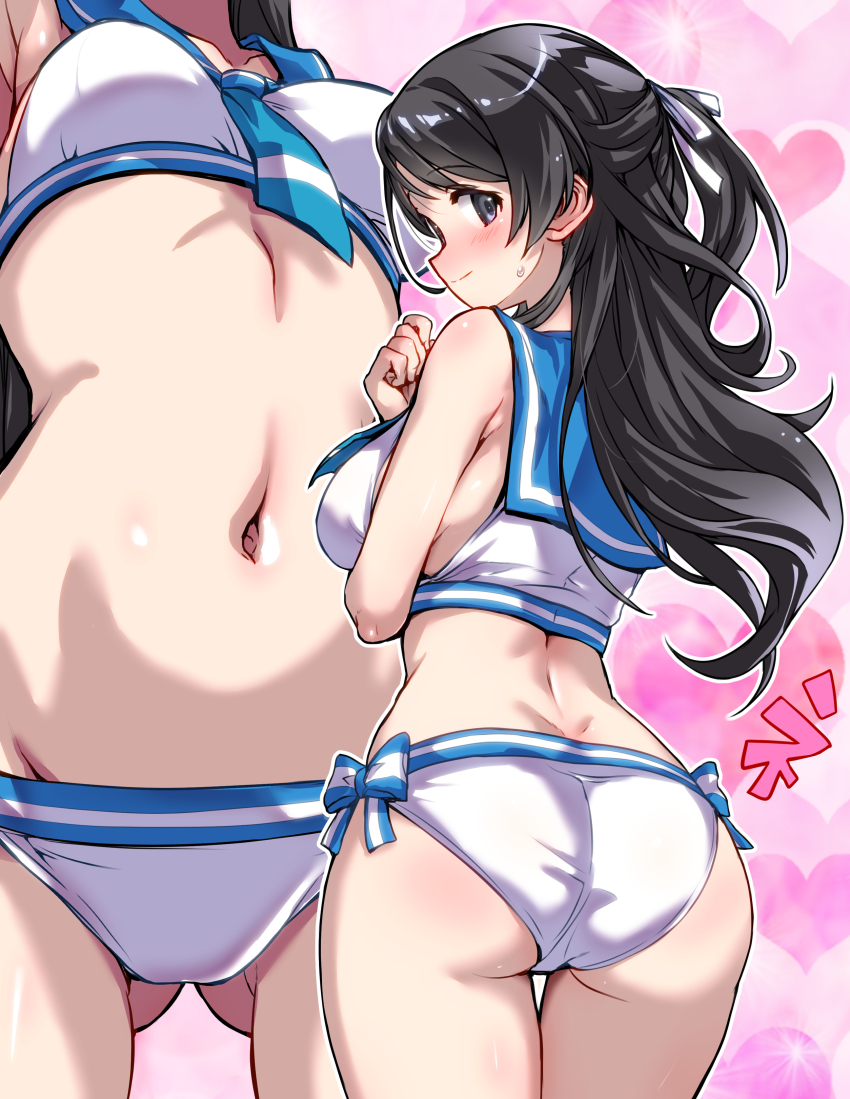 1girl, absurdres, alternate_costume, armpits, ass, bikini, black_hair, blush