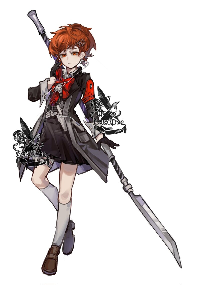 1girl, armband, black_gloves, black_jacket, black_skirt, bow, bowtie, brown_eyes, brown_hair, brown_shoes, full_body, glaive_(polearm), gloves, headphones, headphones_around_neck, highres, holding, holding_polearm, holding_weapon, jacket, loafers, long_sleeves, looking_at_viewer, persona, persona_3, persona_3_portable, polearm, red_armband, red_bow, red_bowtie, roier, shiomi_kotone, shoes, skirt, socks, solo, weapon, white_socks