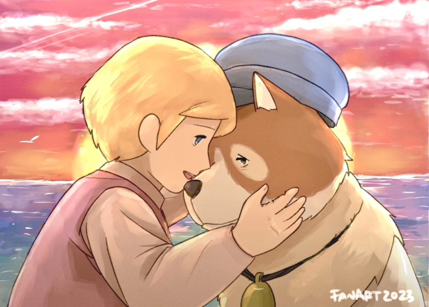 1boy, a_dog_of_flanders, bell, blonde_hair, blue_eyes, blue_hat, cloud, dated