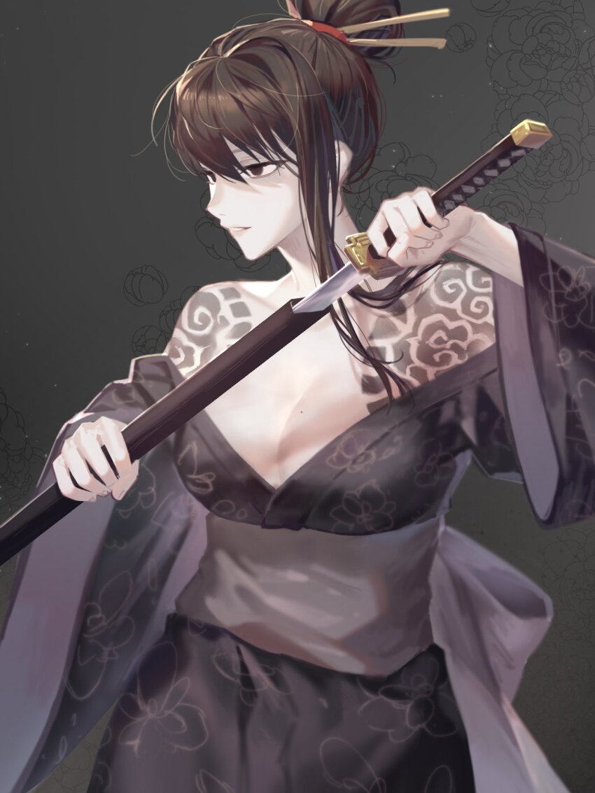 1girl, black_eyes, black_hair, black_kimono, black_sash, breasts, cleavage, commentary_request