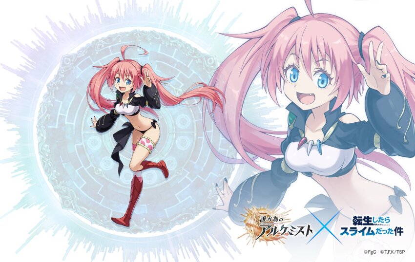 1girl, :d, armored_boots, asymmetrical_legwear, black_nails, blue_eyes, boots, clothing_cutout