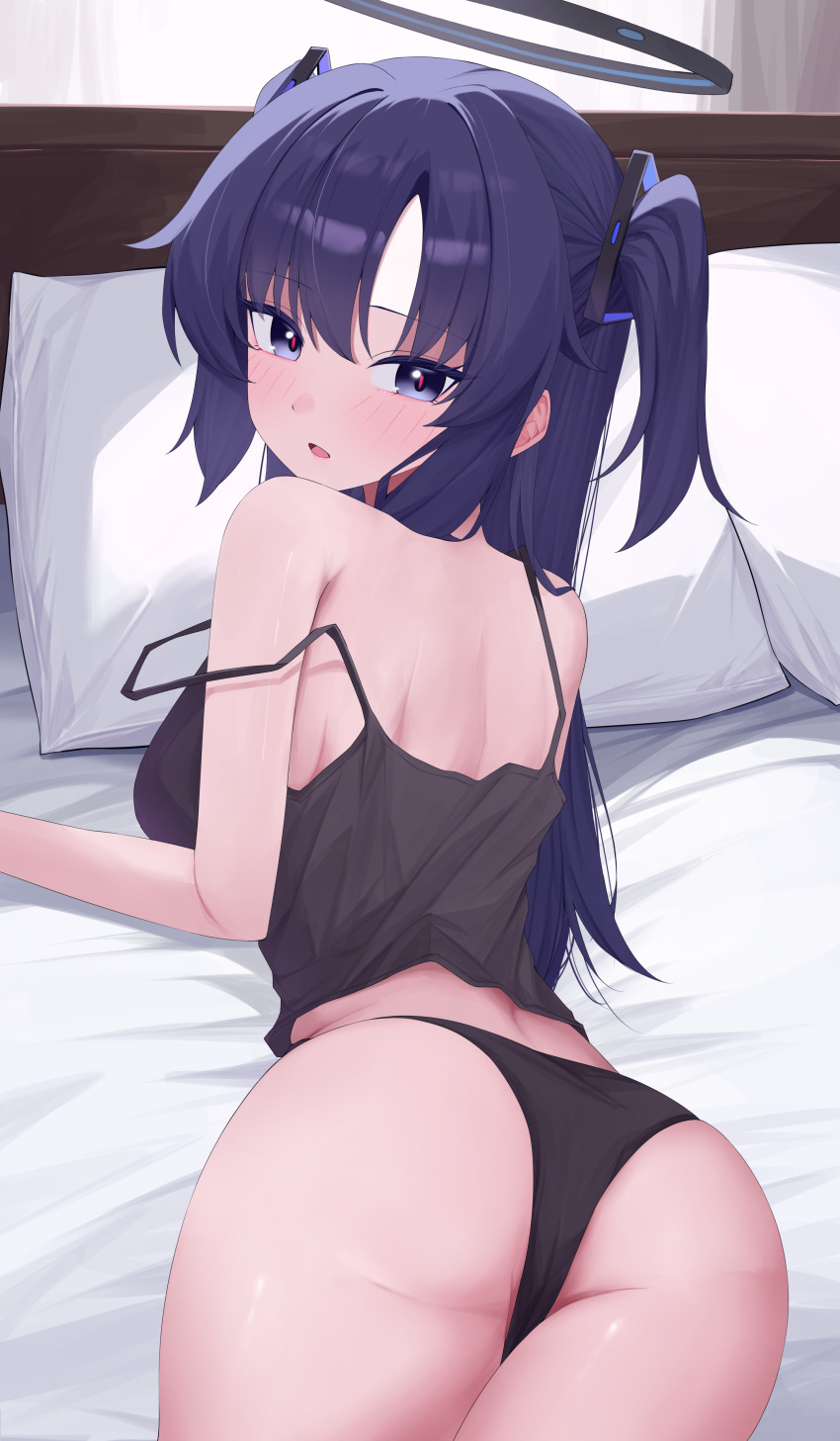 1girl, :o, absurdres, ass, bed_sheet, black_camisole, black_panties, blue_archive